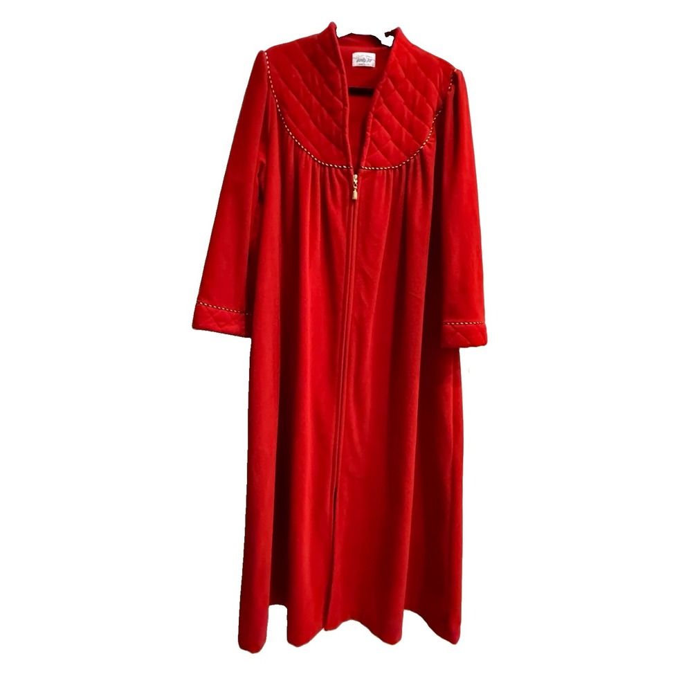 Vintage 80s Vanity Fair Red Velour Robe Size Large Zip Front Quilted Rope Trim